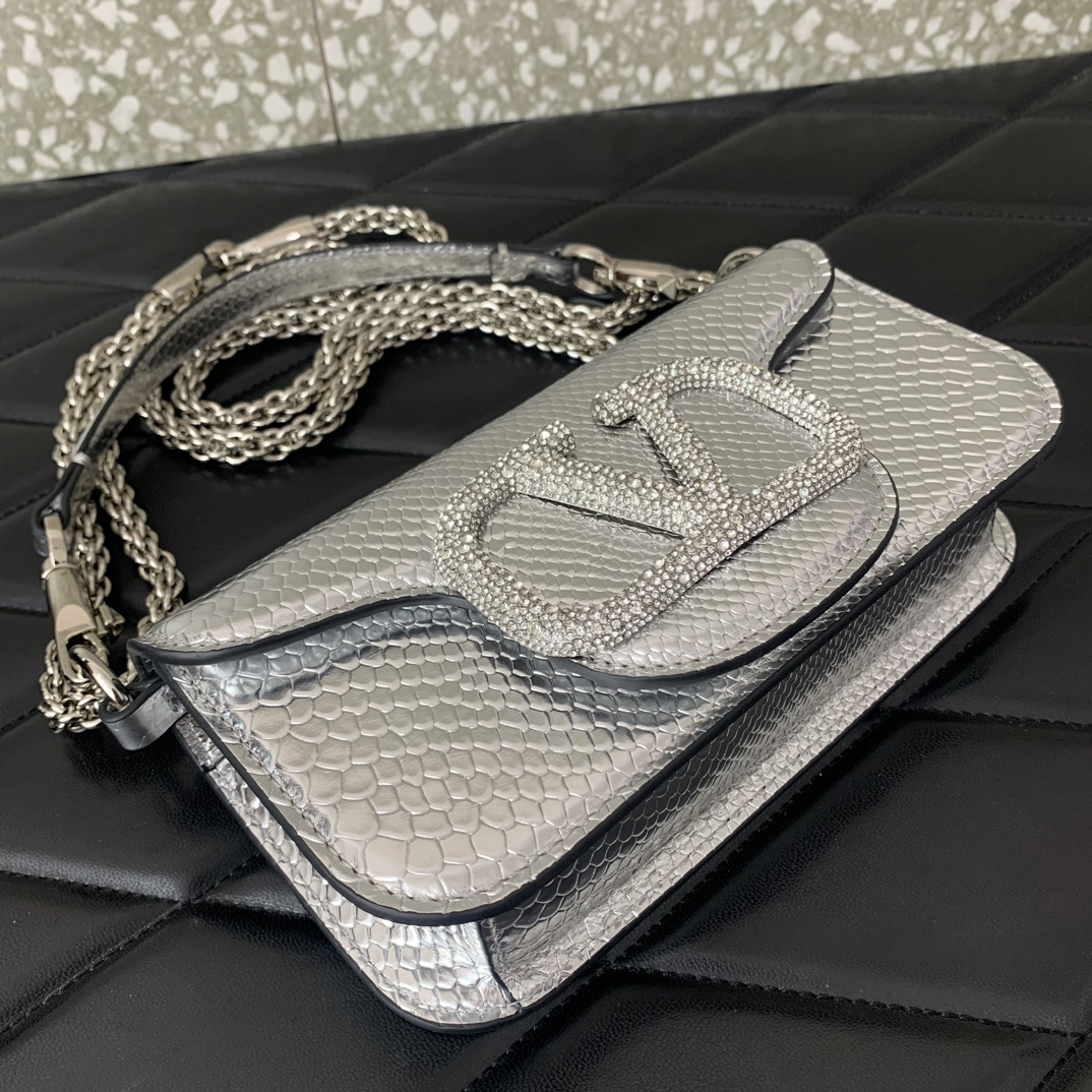 Valentino Garavani Loco Small Shoulder Bag in Silver Snake Grain Calfskin Leather 